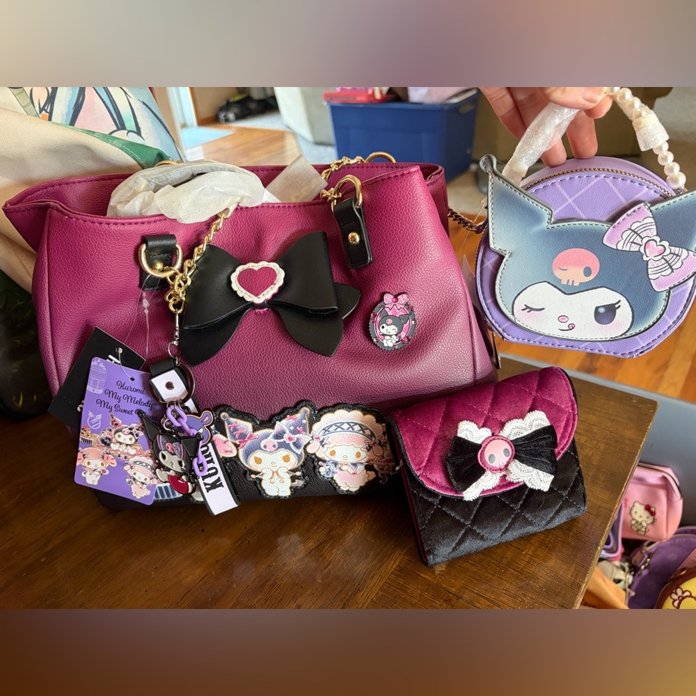 Sanrio-Inspired Girls Shoulder Bag Set in Magenta and Black